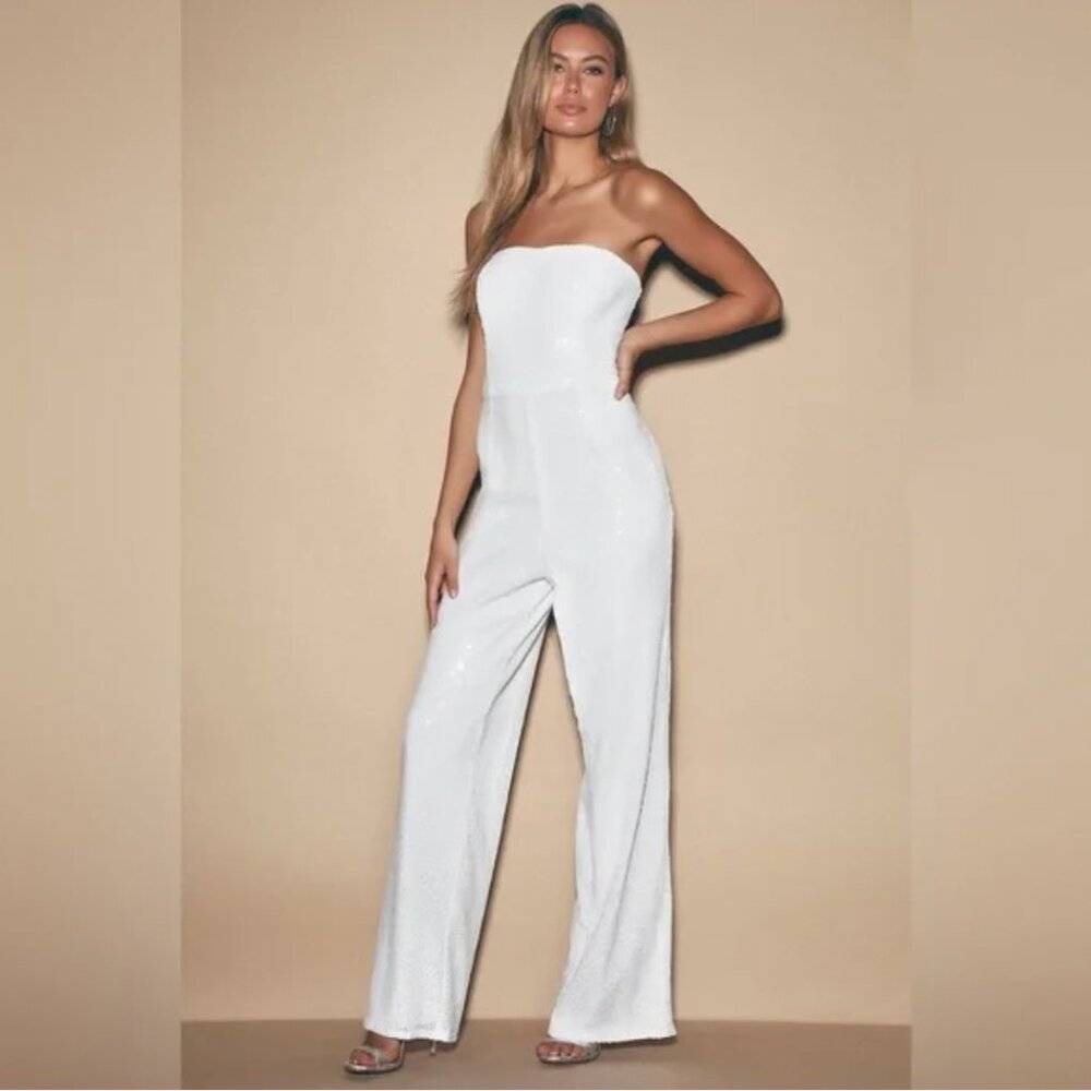 Lulus Like A Diamond White Sequin Strapless Jumpsuit Bridal Bride Bachelorette - Picture 1 of 10